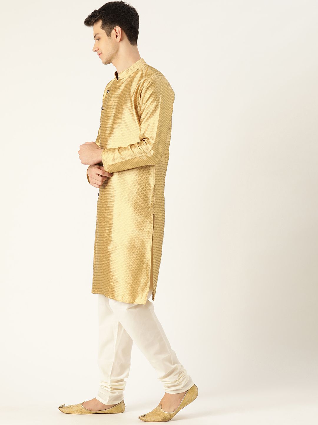 SOJANYA Men Golden Woven Design Angrakha Straight Kurta