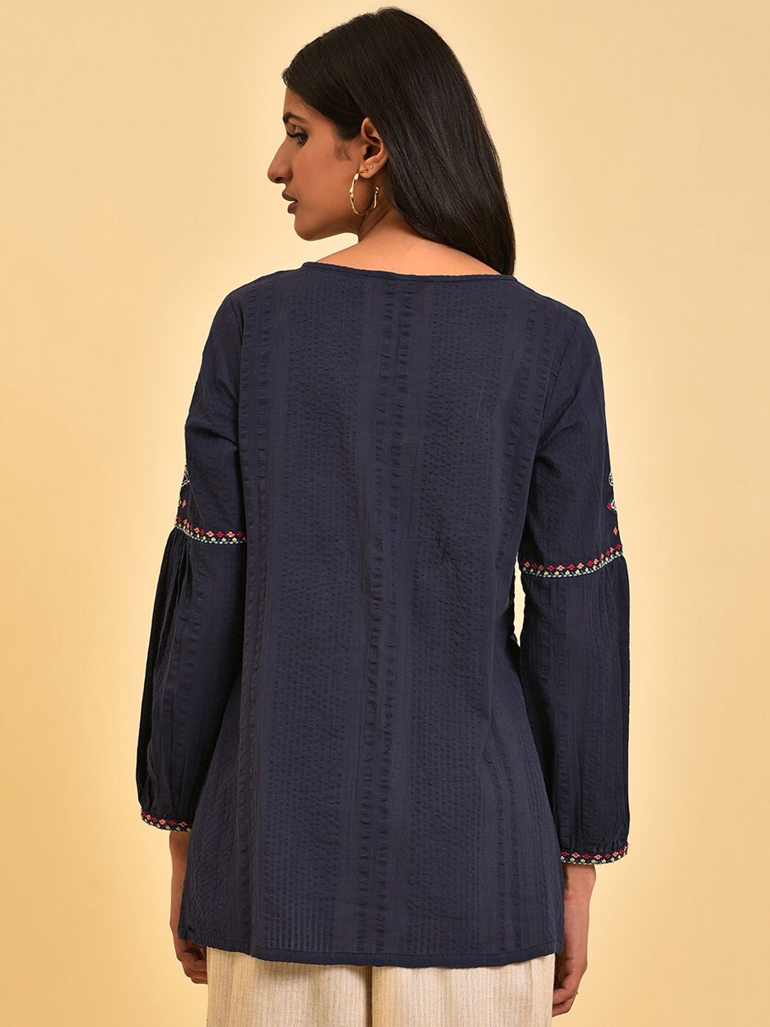 W Ethnic Motifs Embroidered Tie-Up Neck Cuffed Sleeve Cotton Regular Top