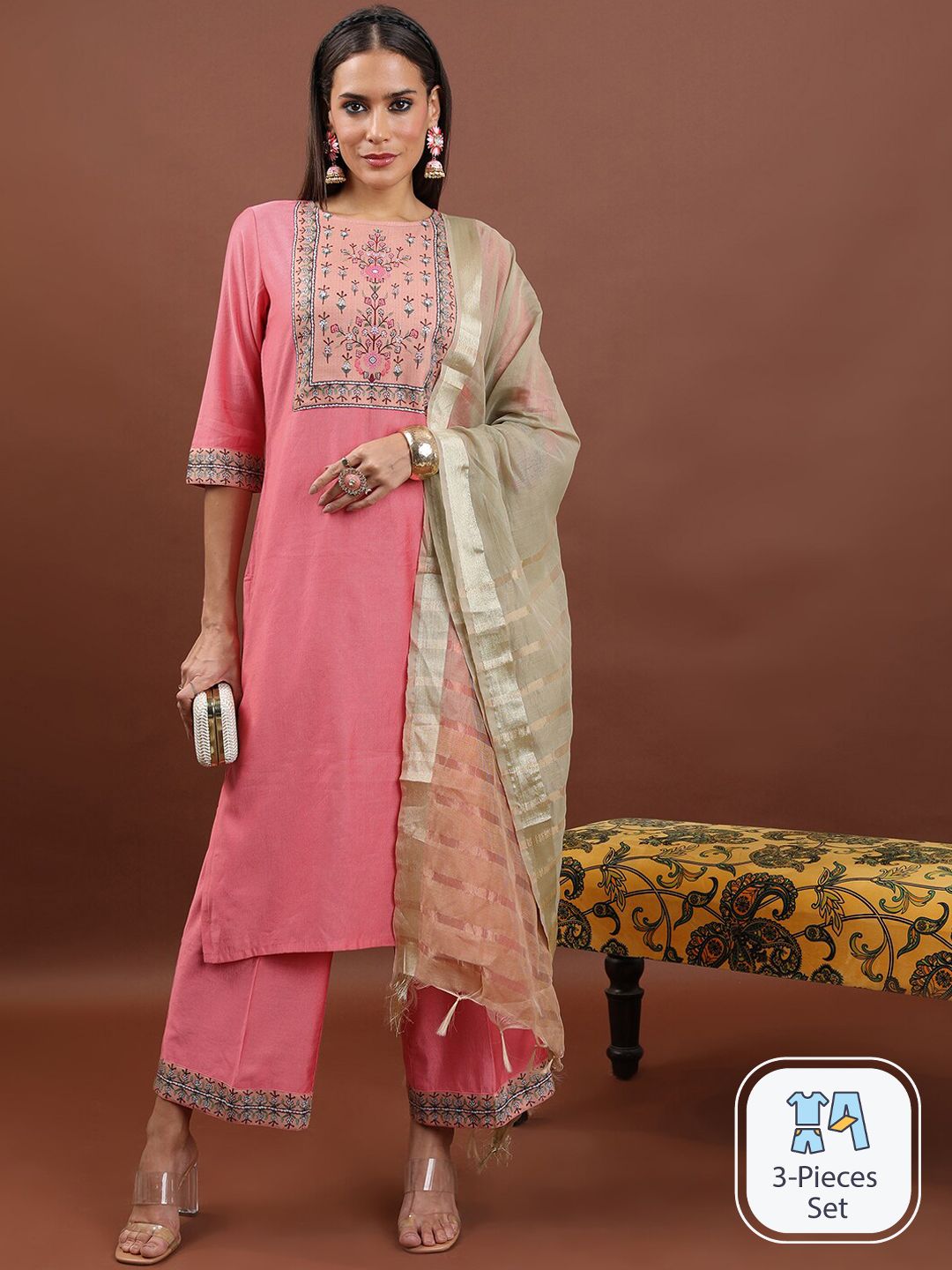 Vishudh Floral Yoke Design Regular Kurta with Palazzos & With Dupatta