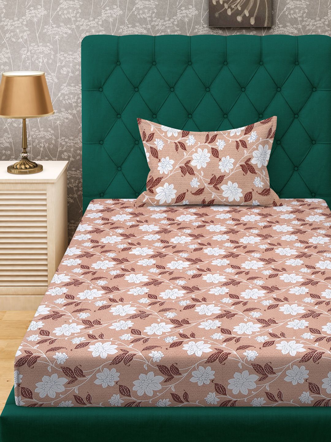 KLOTTHE Beige & White Printed Pure Cotton 400 TC Single Bedsheet With Pillow Cover