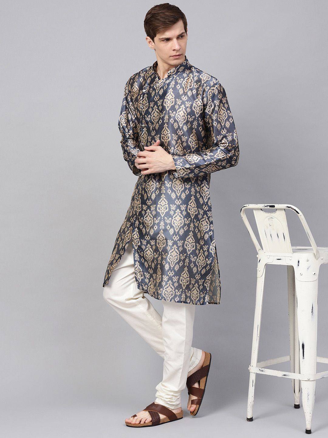 SOJANYA Men Blue & Beige Printed Straight Kurta
