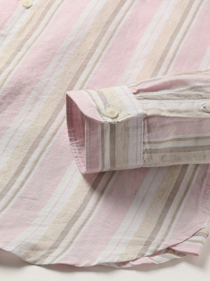 THE BEAR HOUSE Slim Fit Vertical Striped Button-Down Collar Cotton Linen Casual Shirt