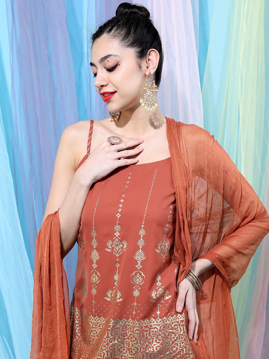 Vishudh Women Ethnic Motifs Printed Kurti with Dhoti Pants & Dupatta