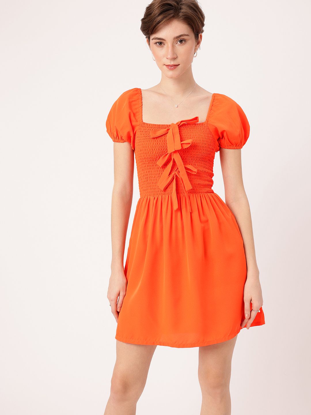 DressBerry Dreamy Drapes Smocked & Bow Detailed A-Line Mini Dress