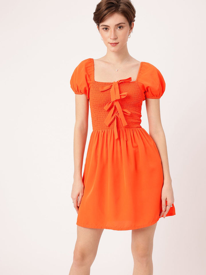 DressBerry Dreamy Drapes Smocked & Bow Detailed A-Line Mini Dress