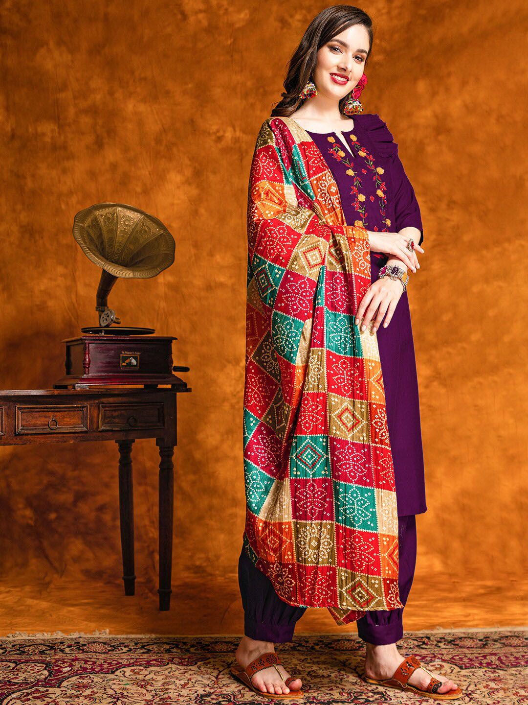 KALINI Floral Embroidered Mirror Work Straight Kurta with Patiala & With Dupatta