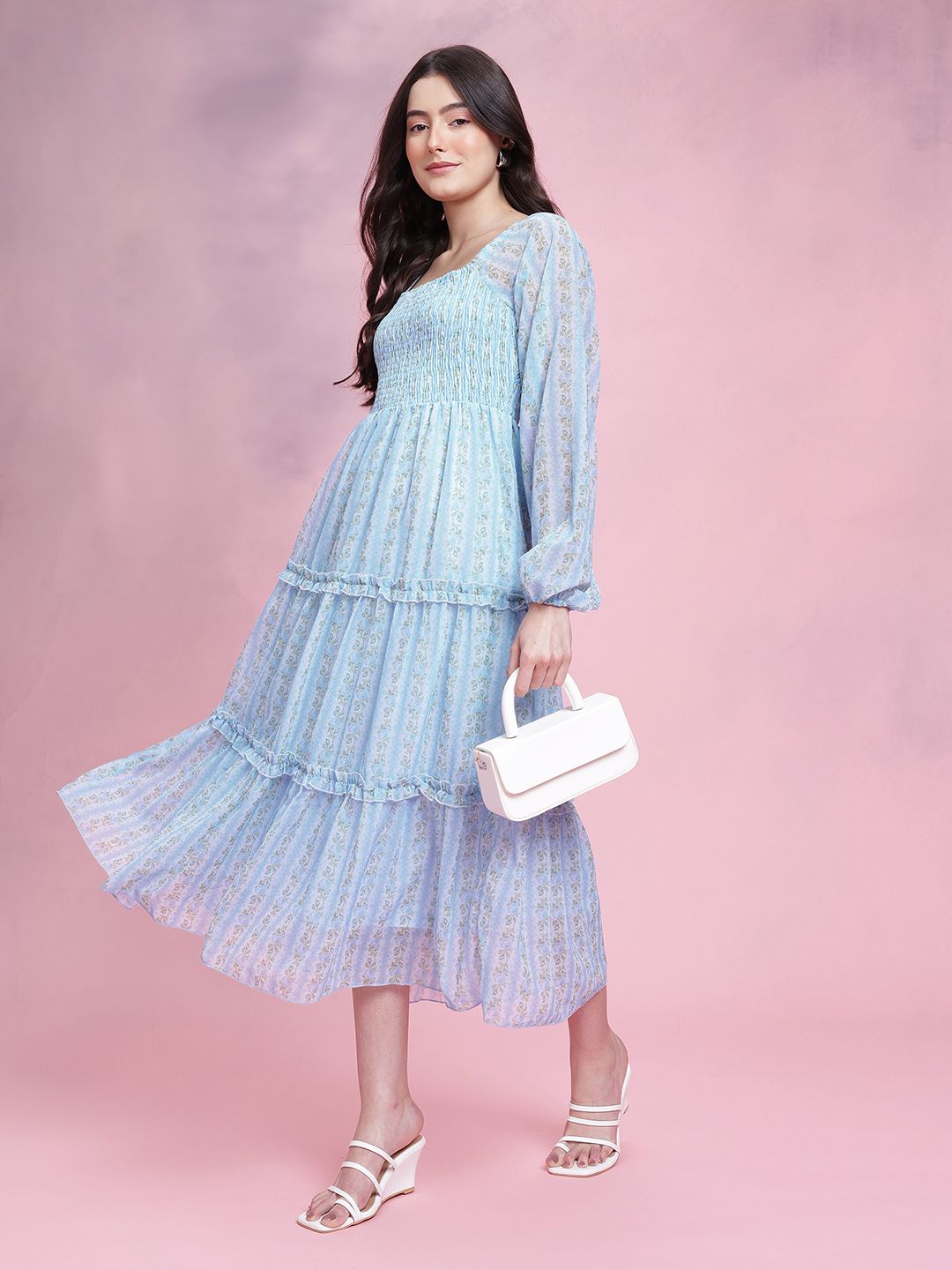 DressBerry Floral Print Smocked Ruffled Tiered Midi Dress