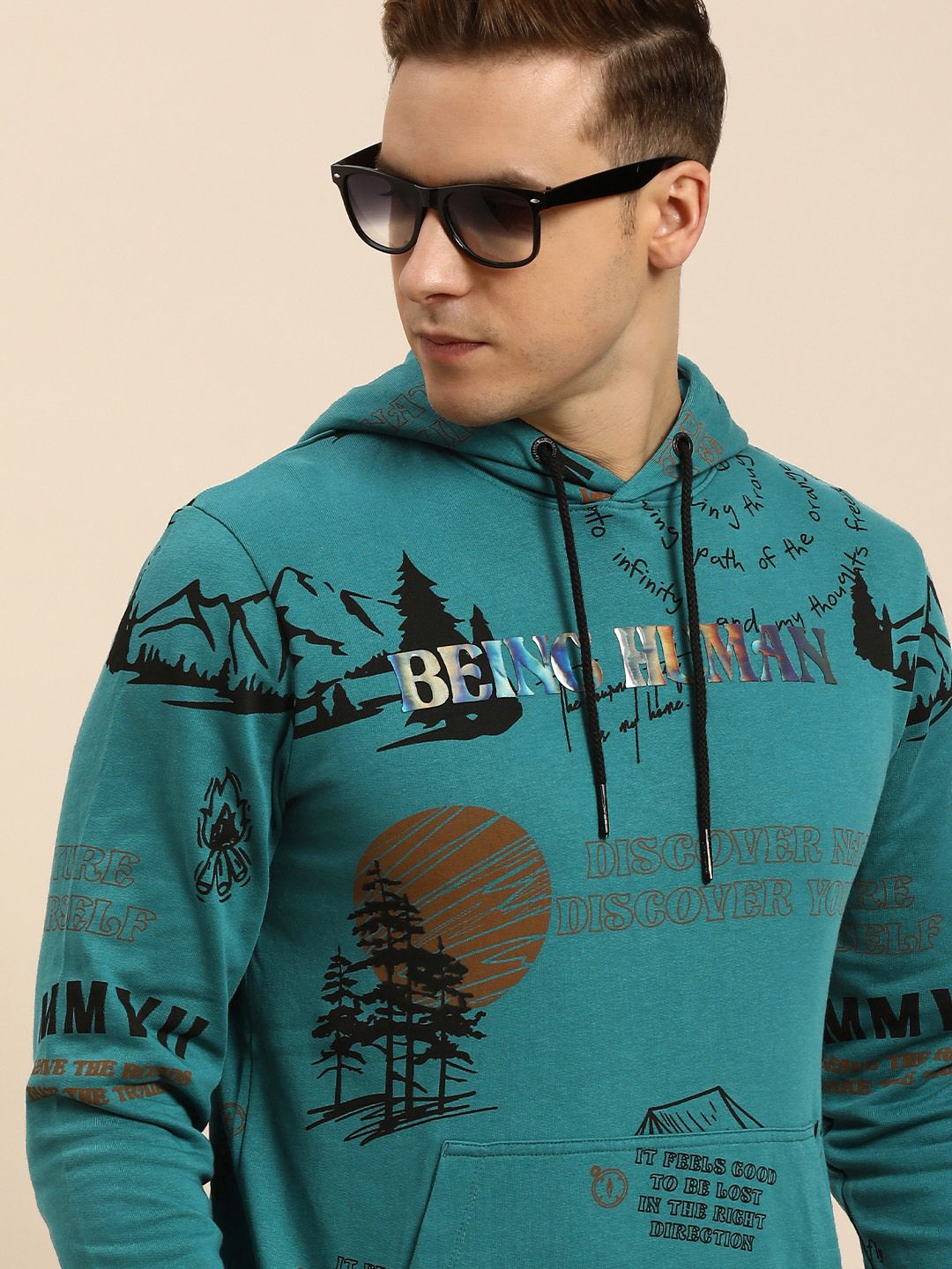 Being Human Men Graphic Printed Pure Cotton Hooded Sweatshirt