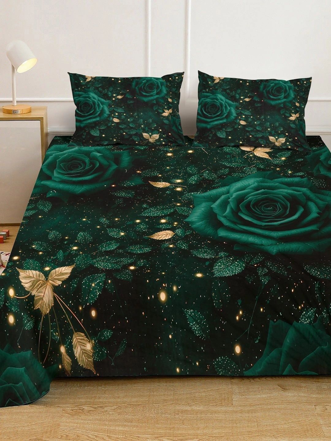 Moda Rapido X KLOTTHE Green & Gold-Toned Floral 400 TC King Bedsheet with 2 Pillow Covers