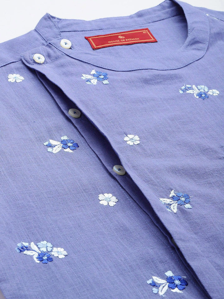 House of Pataudi Floral Embroidered Band Collar Pure Cotton Jashn Kurta