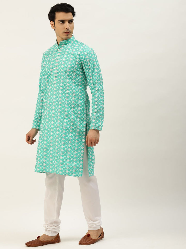 SOJANYA Lelaki Motif Etnik Biru Sulam Benang Kerja Kurta dengan Churidar