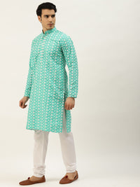 SOJANYA Lelaki Motif Etnik Biru Sulam Benang Kerja Kurta dengan Churidar