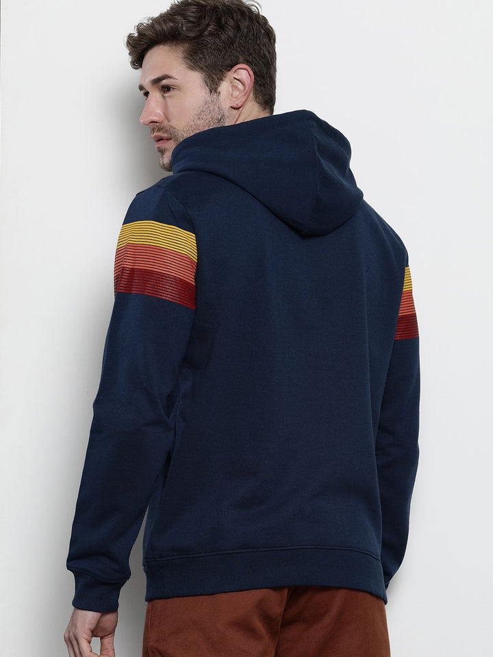 The Indian Garage Co Men Navy Blue Striped Hooded Sweatshirt