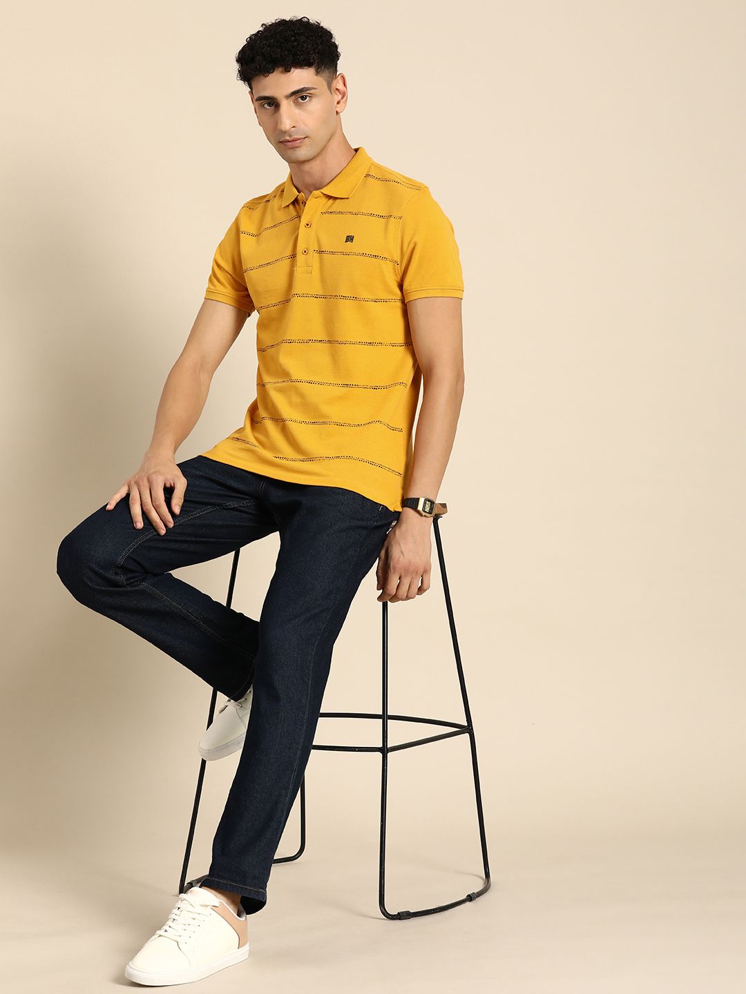 Being Human Pure Cotton Polo Collar Striped T-shirt