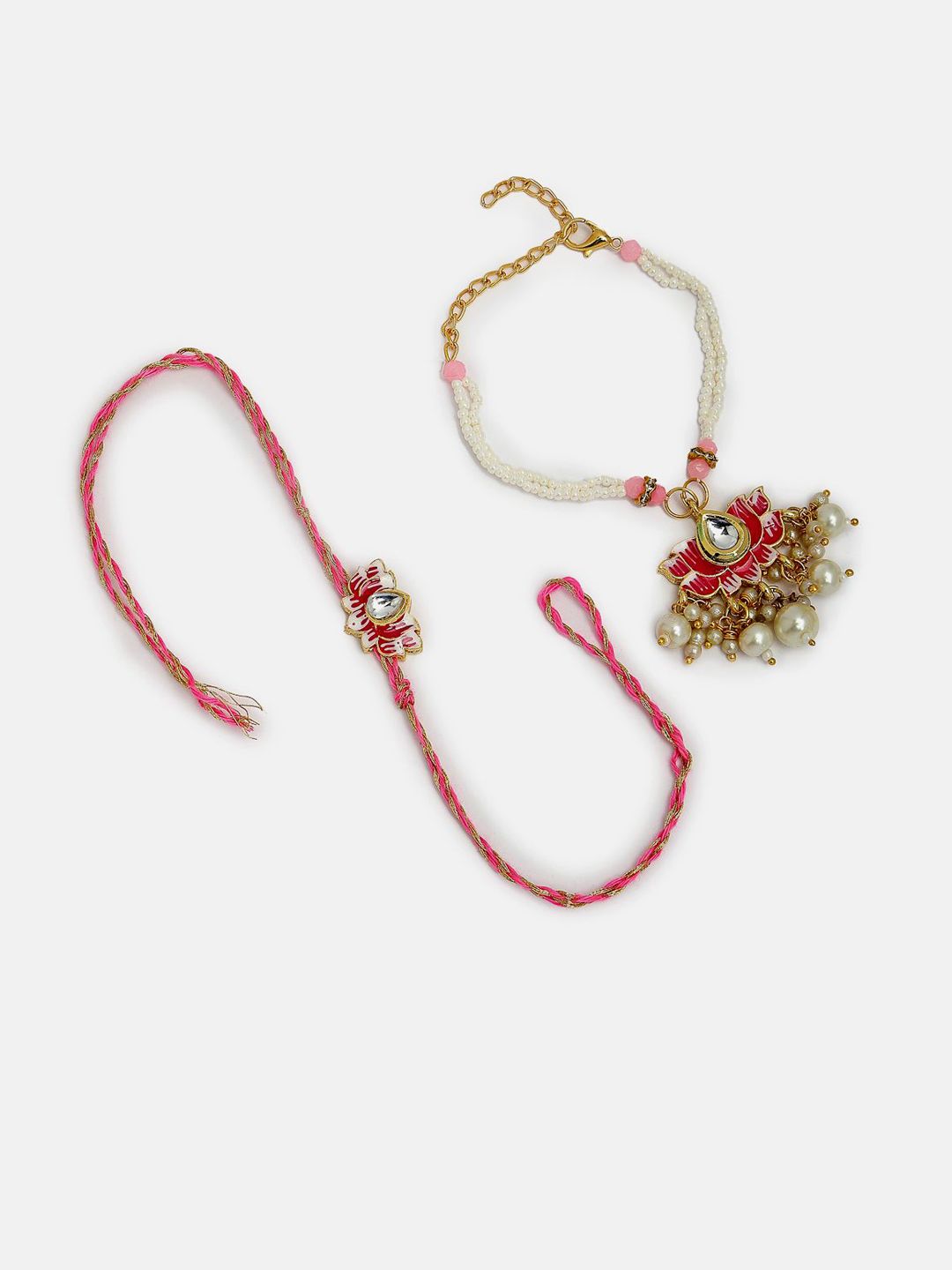 NVR Set of 2 Lotus Stone-Studded & Beaded Bhaiya Bhabhi Rakhi with Roli Chawal