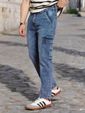 Urbano Fashion Men Light Blue Regular Fit Washed Cargo Jeans With 6 Pockets Stretchable