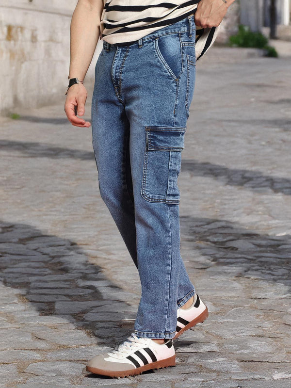 Urbano Fashion Men Light Blue Regular Fit Washed Cargo Jeans With 6 Pockets Stretchable