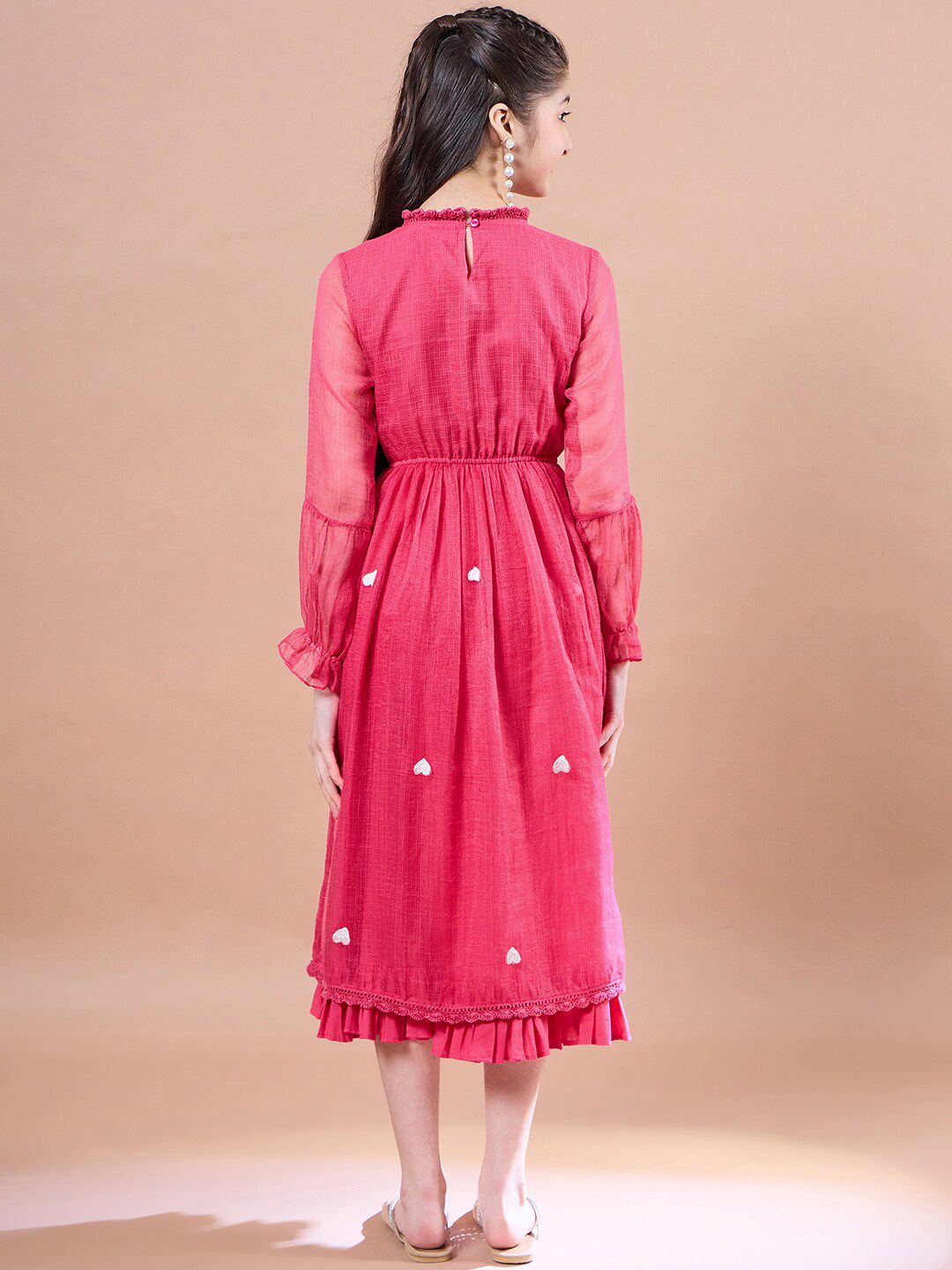 pspeaches Girls Round Neck Puff Sleeves Fit & Flare Midi Dress