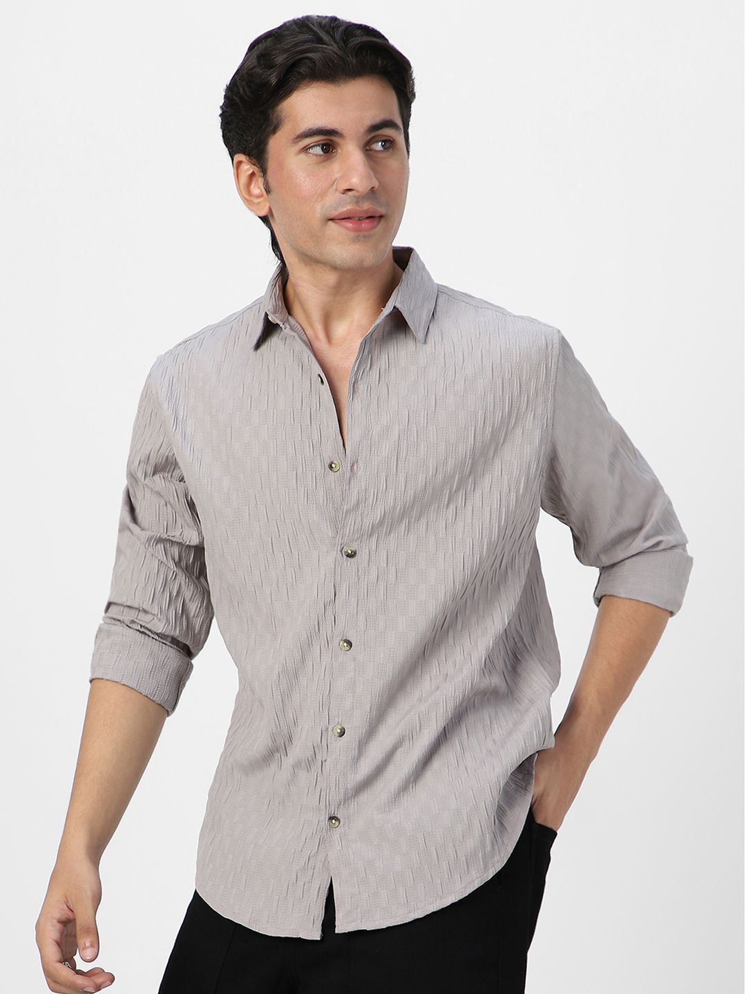 Urbano Fashion Men Spread Collar Textured Cotton Casual Shirt