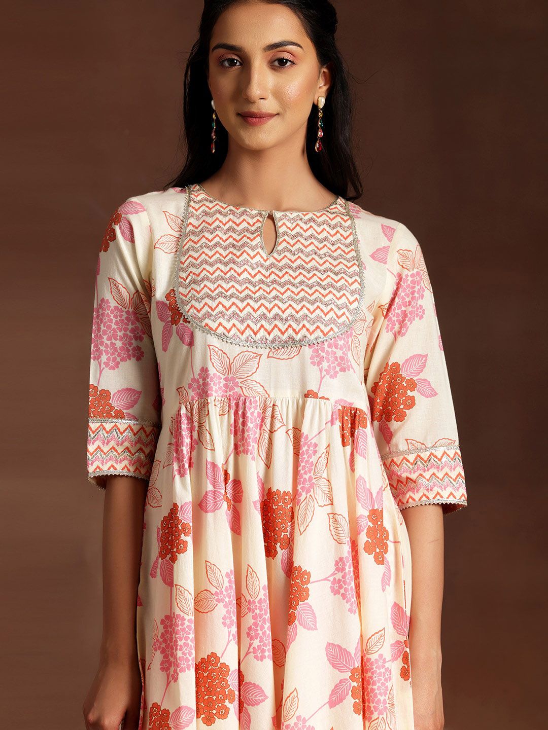 Libas Floral Printed Pleated Gotta Patti Pure Cotton Kurta with Palazzo & Dupatta