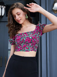 Berrylush Purple Floral Printed Fitted Crop Top