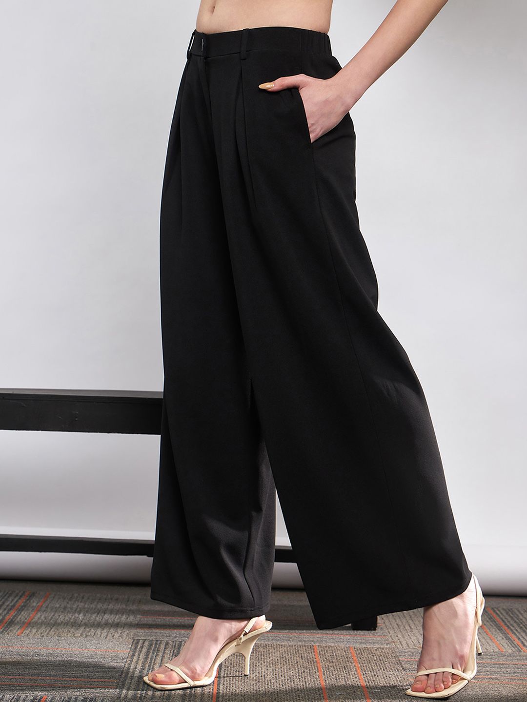 SASSAFRAS Women Black Flared High-Rise Pleated Parallel Trousers