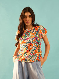Berrylush White Abstract Printed Cut Out Detailed Twisted Extended Sleeve Styled Back Top
