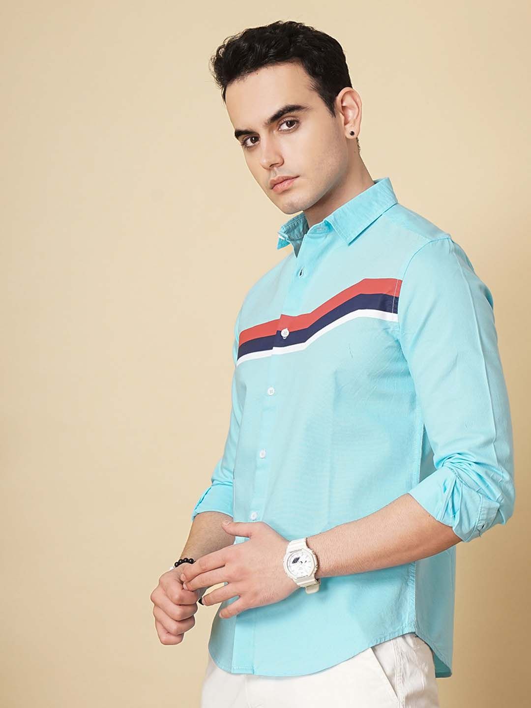 The Indian Garage Co Men Blue Slim Fit Horizontal Striped Casual Shirt