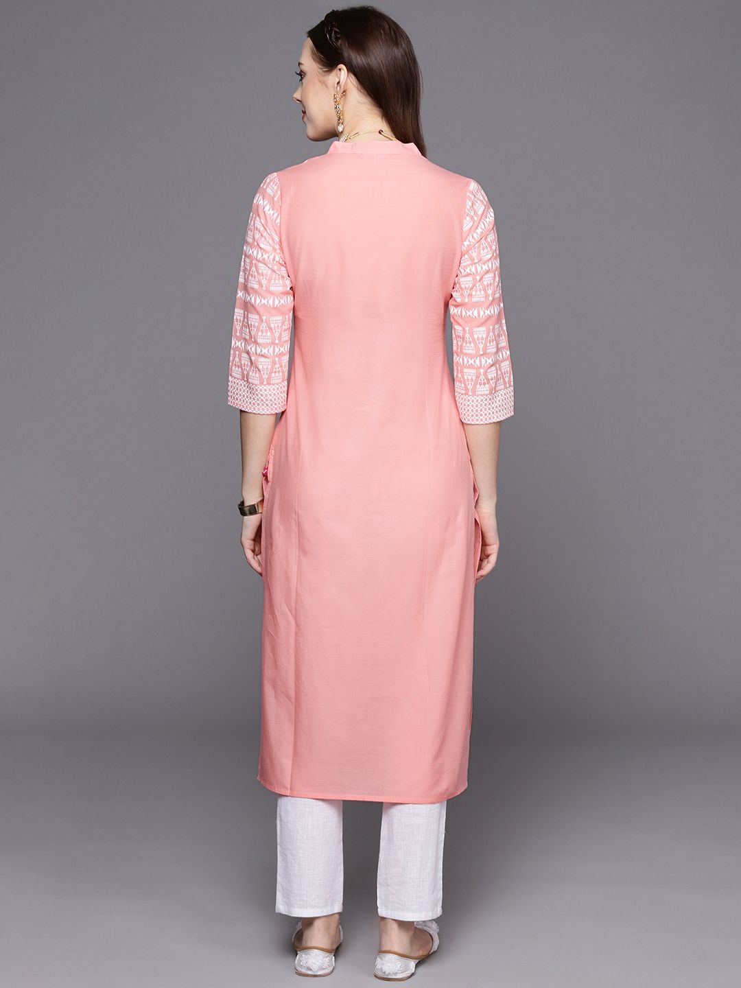 Varanga Women Peach-Coloured & White Ethnic Motifs Yoke Design Kurta