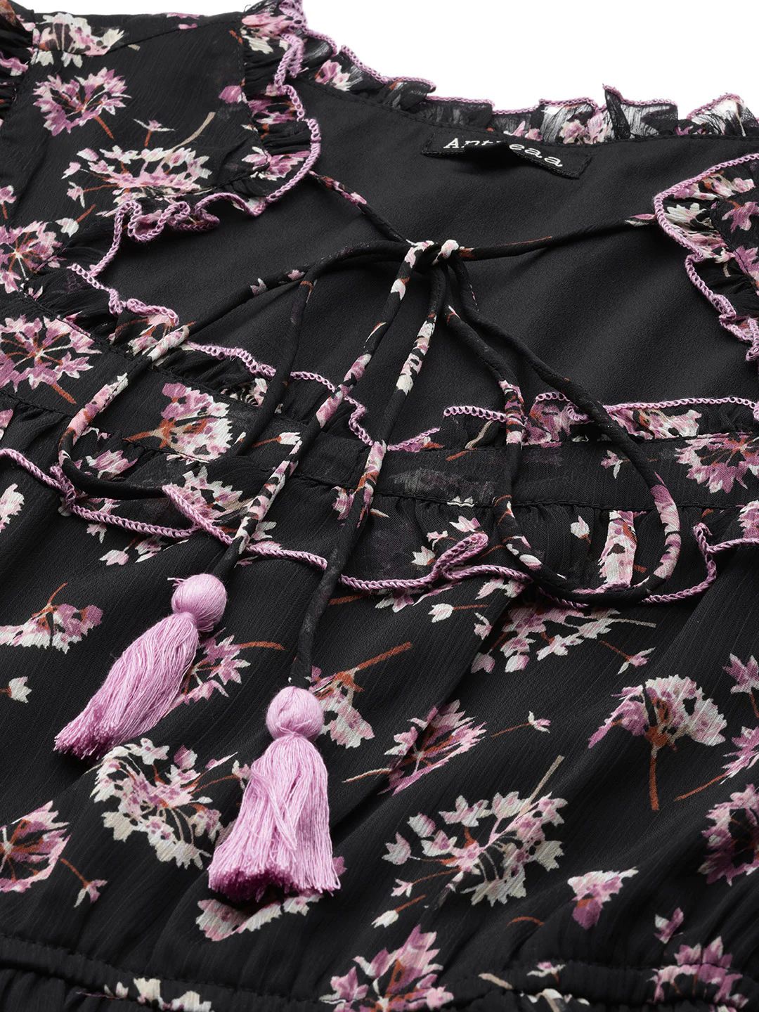 Antheaa Women Black & Lavender Floral Tie-Up Neck Maxi Dress