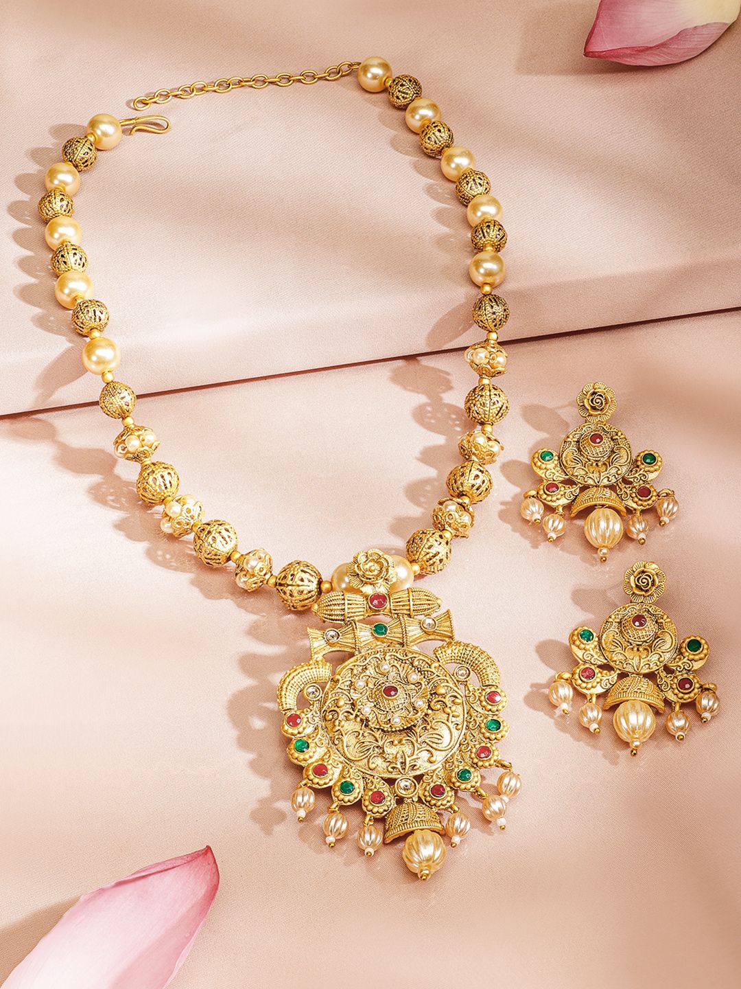 Rubans 24K Gold Plated Ruby & Emerald Stones and Pearl & Golden  Beads Temple Jewelry Set