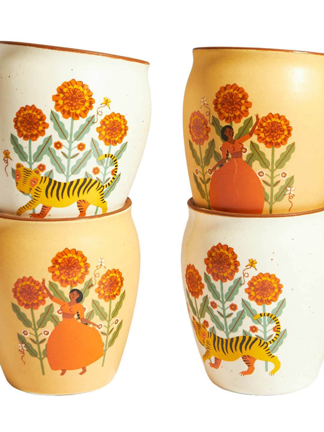 Chumbak Yellow 4 Pieces Marigold Printed Kulhad Gift Sets