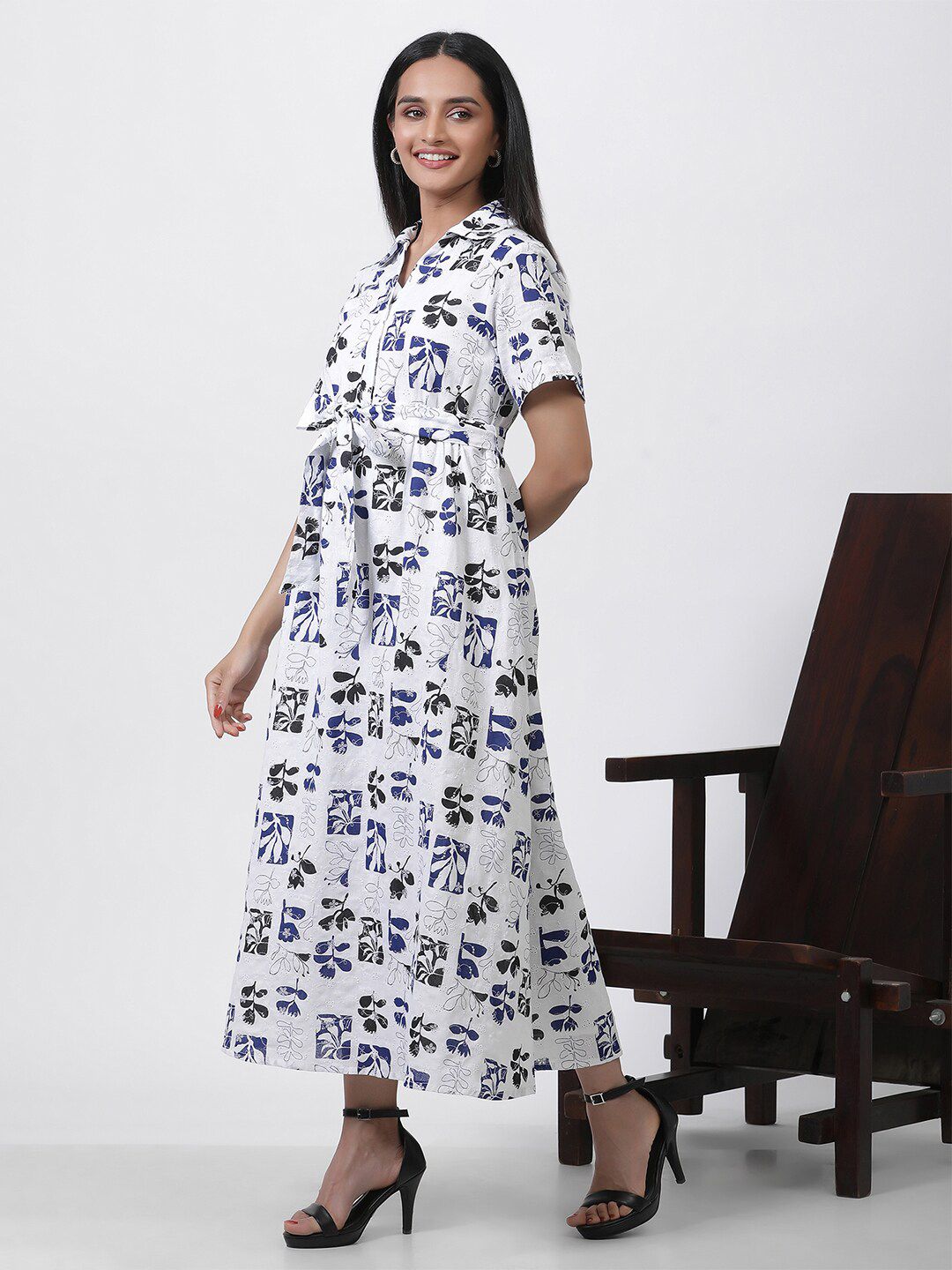 W Floral Printed Shirt Collar Short Sleeves Maxi Shirt Dress