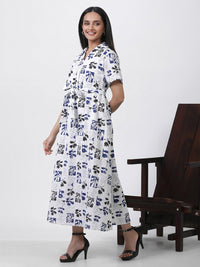 W Floral Printed Shirt Collar Short Sleeves Maxi Shirt Dress