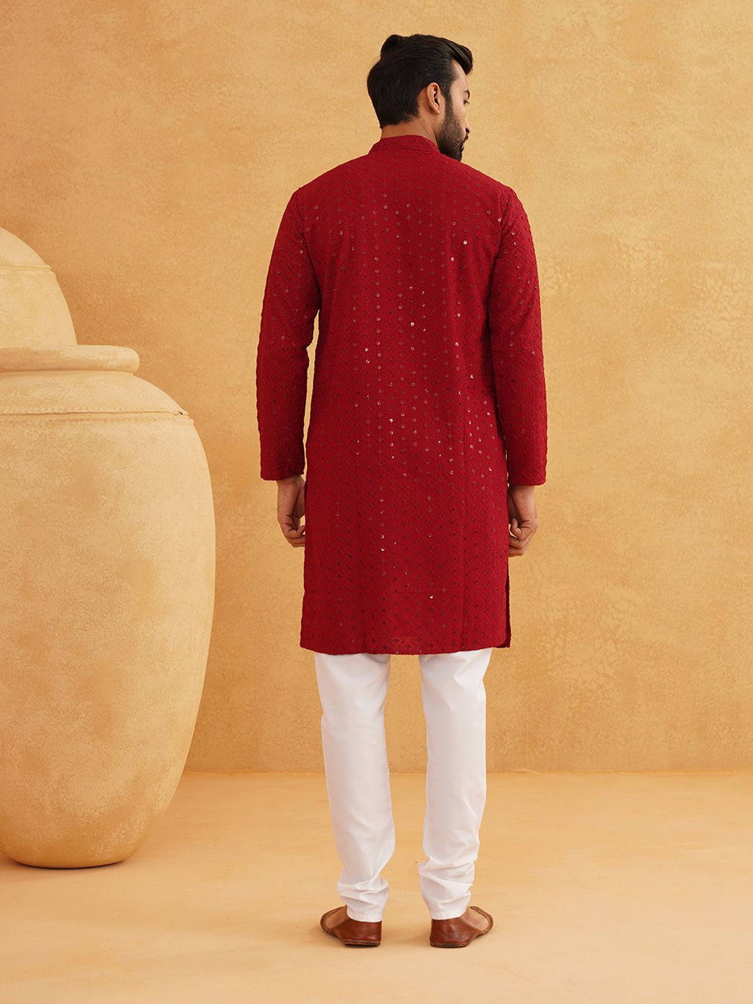 SOJANYA Geometric Embroidered Mandarin Collar Long Sleeves Pure Cotton Kurta With Churidar