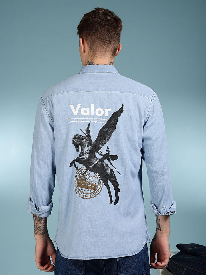 Eszett Graphic Printed Spread Collar Denim Long Sleeves Shirt