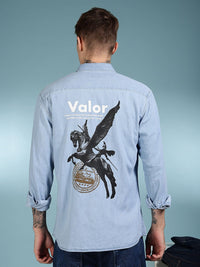 Eszett Graphic Printed Spread Collar Denim Long Sleeves Shirt