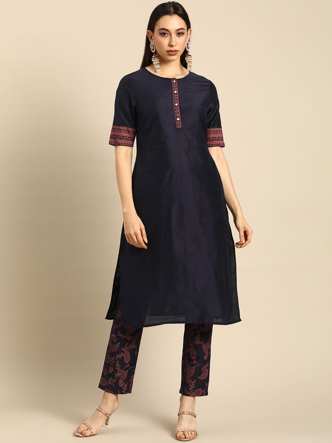 all about you Women Navy Blue Ethnic Motifs Printed Regular Kurta with Printed Trousers