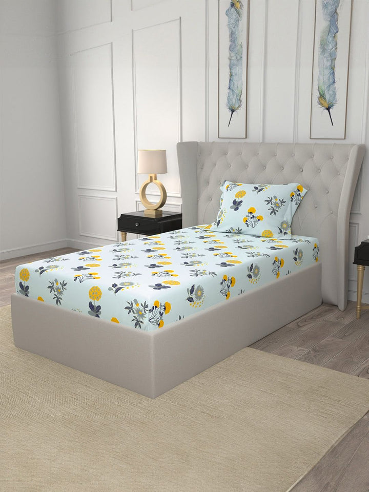 URBAN SPACE Radiance Sky Blue 200 TC Floral Single Bedsheet