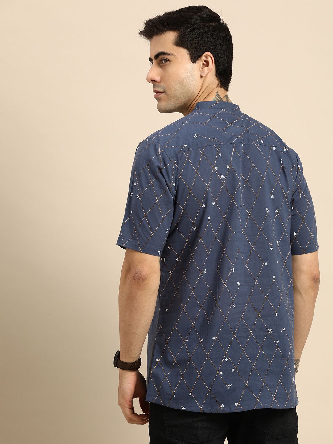 Anouk Men Navy Blue & White Geometric Printed Short Kurta