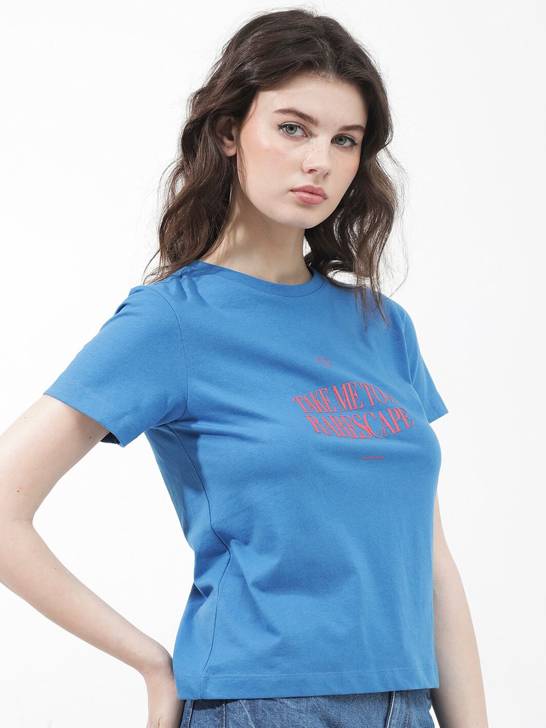 RAREISM Round Neck Short Sleeves Typographic Printed Regular Fit Cotton T-shirt