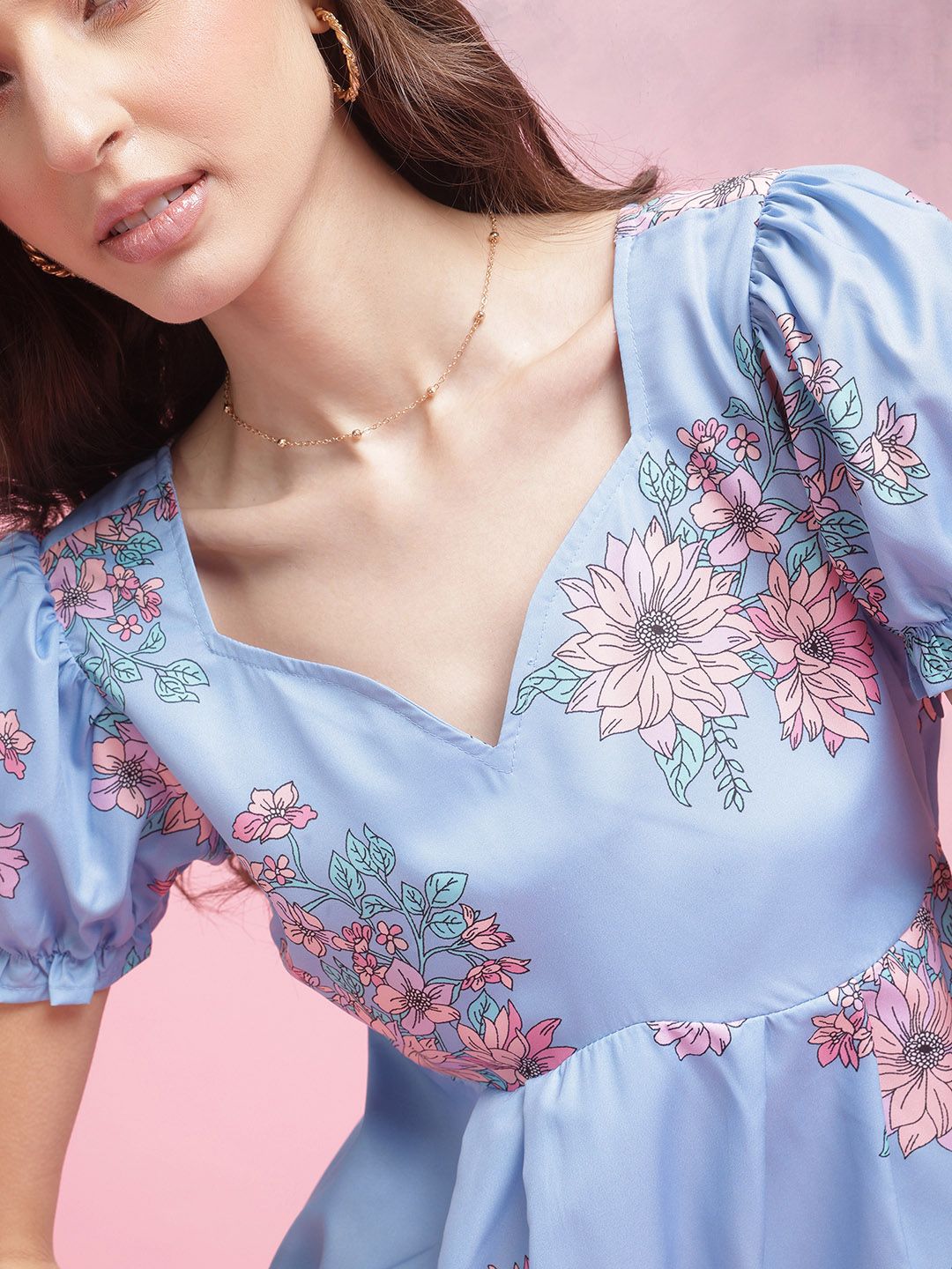 DressBerry Floral Print Puff Sleeves Midi Fit & Flare Dress