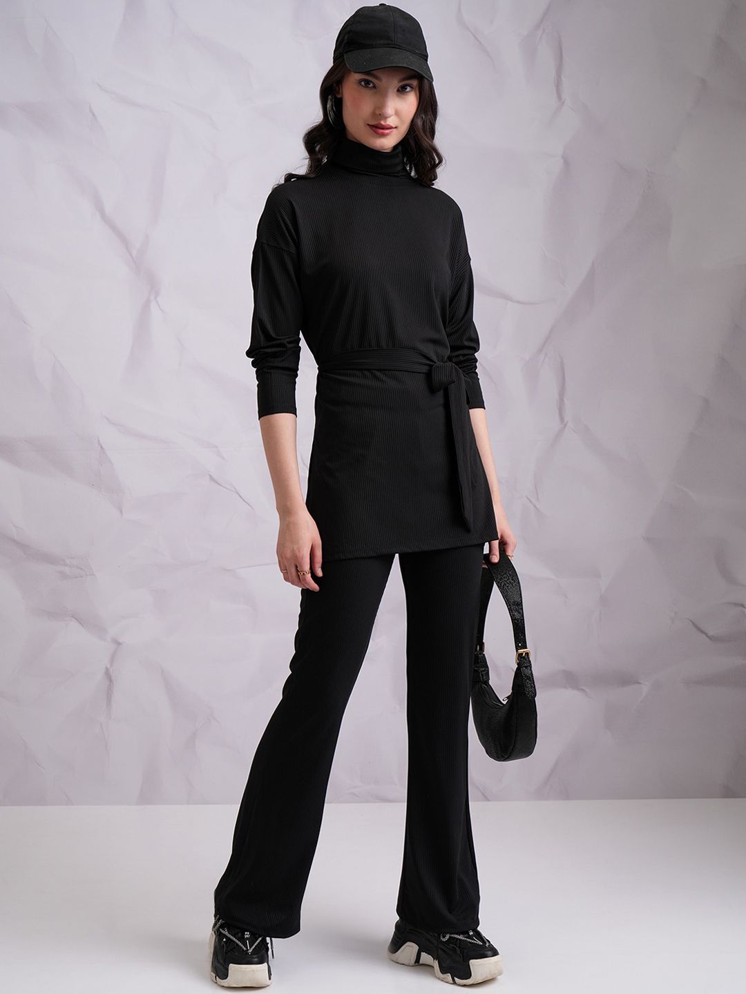 Tokyo Talkies Black High Neck Longline Top With Trouser & Belt