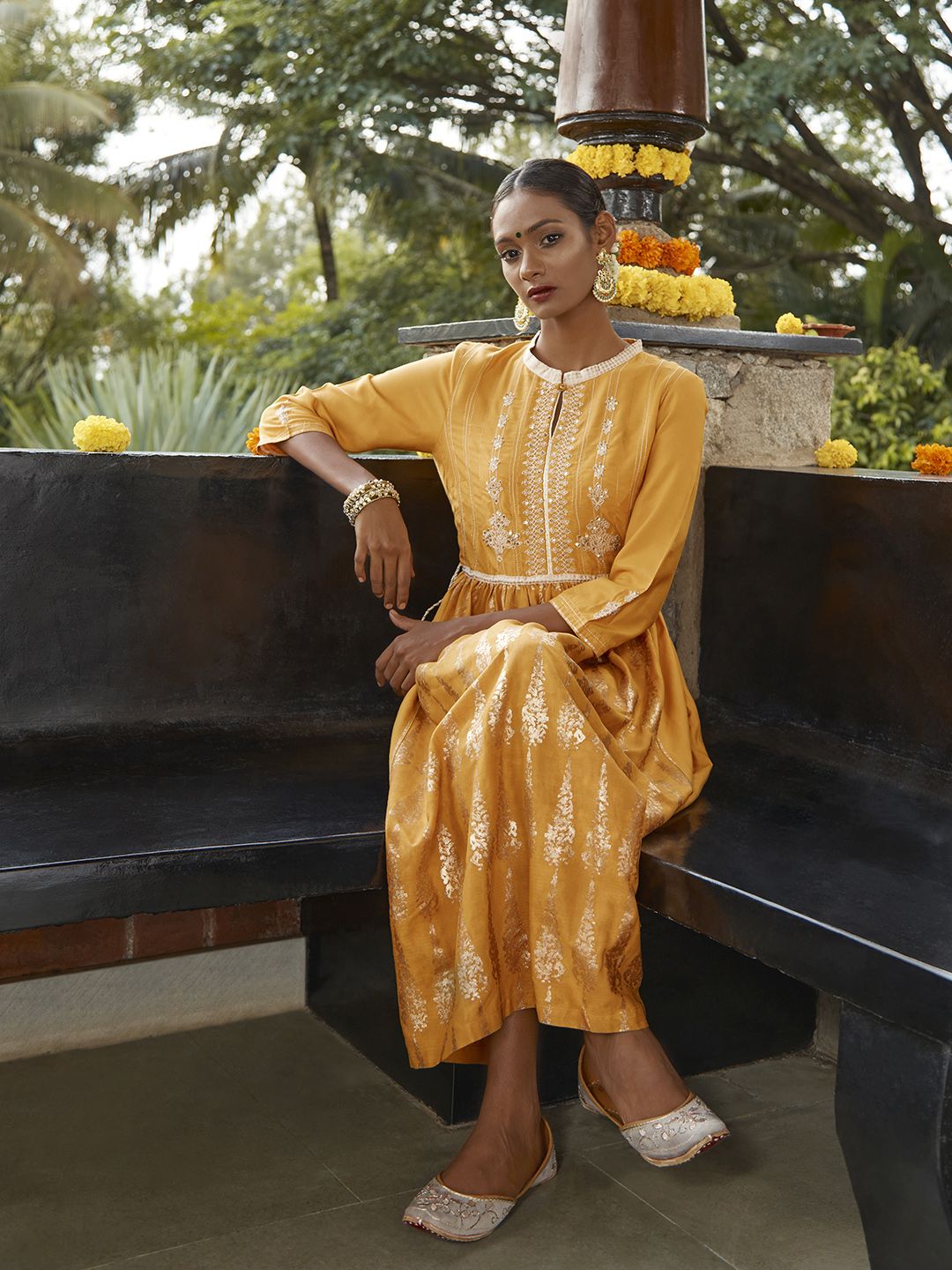 W Mustard Yellow & Golden Floral Printed A-Line Dress