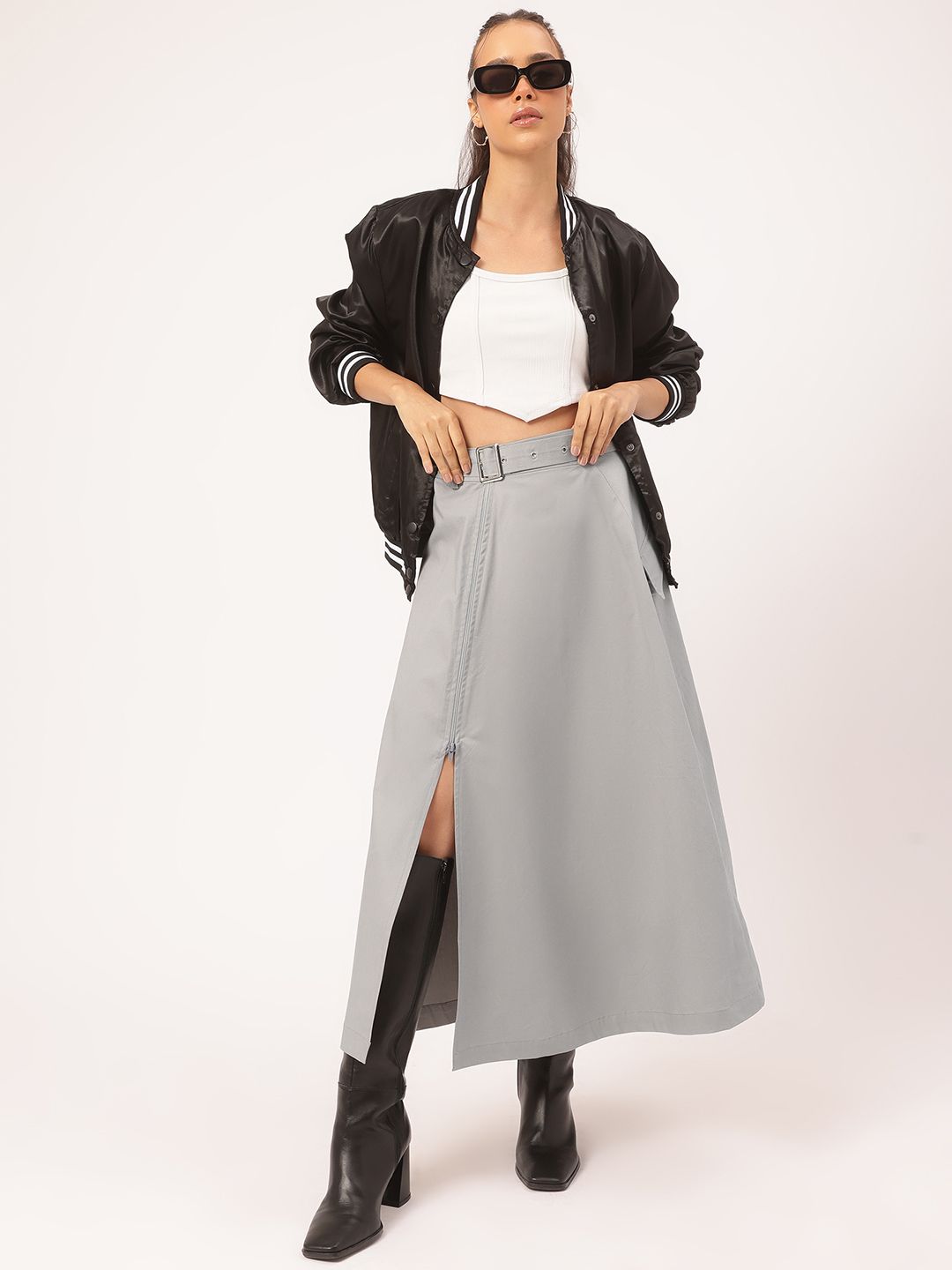 DressBerry Modern Glam Side-Slit A-Line Belted Midi Skirt
