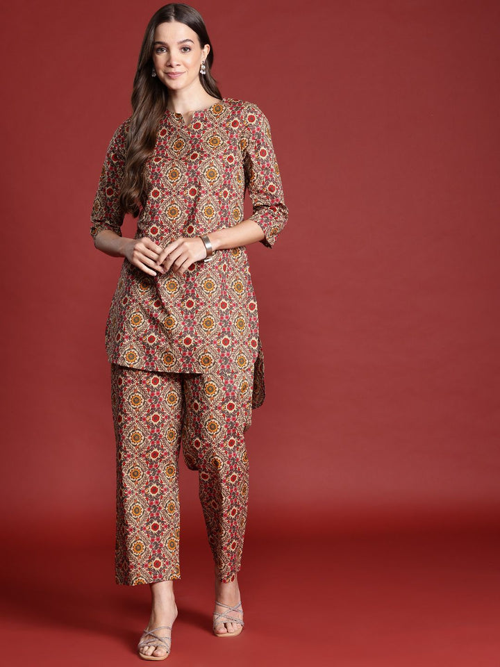 Anouk Floral Print Pure Cotton High-Low Kurta with Trousers