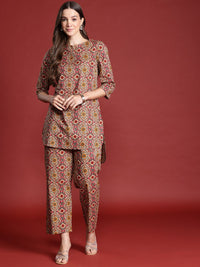 Anouk Floral Print Pure Cotton High-Low Kurta with Trousers