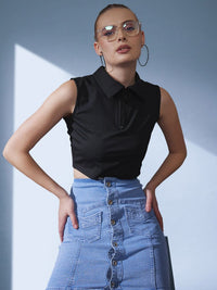 STREET 9 Black Polo Collar Ribbed Self-Striped Crop Top