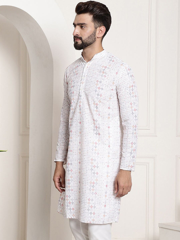 SOJANYA Band Collar Geometric Printed Thread Work Cotton Kurta