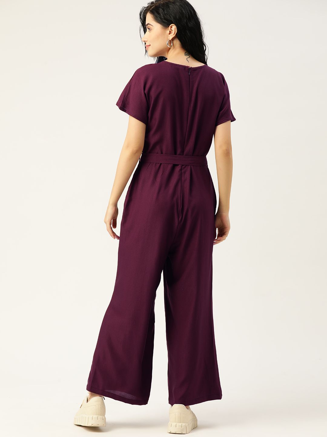DressBerry Women Burgundy Solid Extended Sleeves Basic Jumpsuit